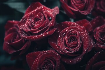 Sticker - Delicate red roses glisten with water droplets, showcasing their vibrant petals in the fresh morning light, creating a captivating sight. Generative AI