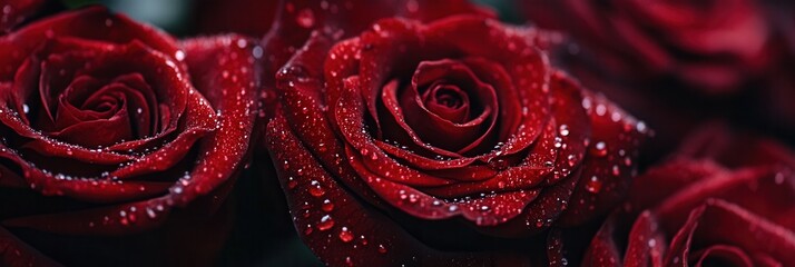 Aufkleber - A cluster of deep red roses proudly displays vibrant petals adorned with shimmering water droplets from an early morning drizzle. Generative AI