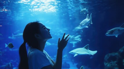 Asian young woman enjoy learning sea life in fish tank at Underwater Zoo Aquarium,Young woman touches a fish in an oceanarium tunnel,visitor in the aquarium looking at the fish through the glass.