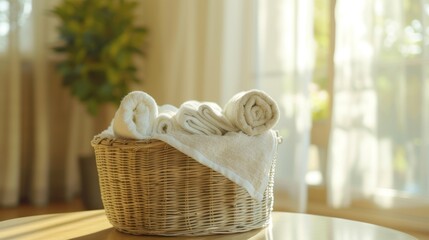 Wall Mural - Soft White Towels in a Wicker Basket - Bathroom Decor