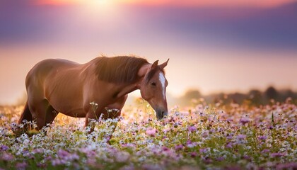 horse grazing in a field of wildflowers, with the focus on its gentle posture and the backgr