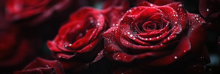 Aufkleber - Deep red roses display their beauty, each petal sparkling with fresh water droplets, creating a captivating and romantic atmosphere. Generative AI