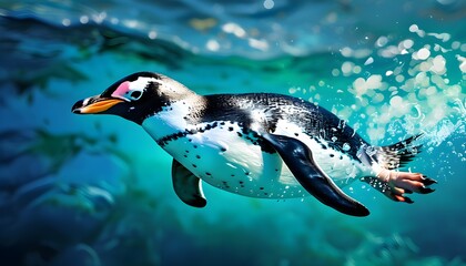 Wall Mural - Penguin gliding through vibrant turquoise waters under the suns embrace