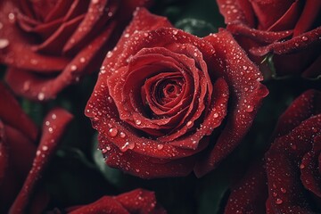 Aufkleber - Deep red roses glisten with delicate water droplets, highlighting their velvety petals in a tranquil garden atmosphere after rain. Generative AI