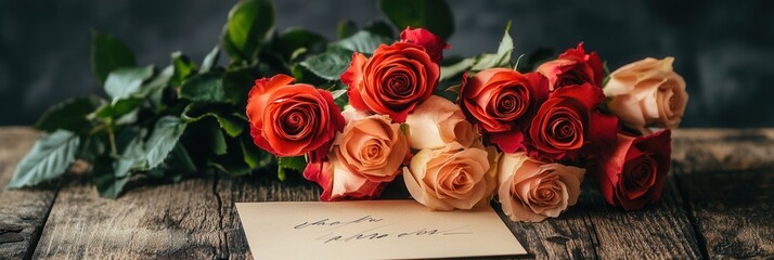 Aufkleber - A stunning arrangement of multicolored roses rests on a rustic wooden table, accompanied by a heartfelt handwritten note. Generative AI