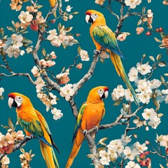 Wall Mural - Colorful Parrots on a Branch with Flowers