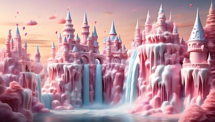 Wall Mural - Milk Waterfall Cascading Down an Intricate Ice Cream Castle in Photorealistic Detail