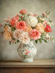 Poster - A beautifully arranged classic bouquet of roses and carnations in a vintage ceramic vase stands elegantly on an antique wooden table. Generative AI