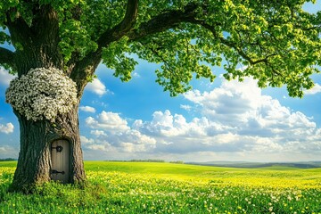 beautiful green spring meadow with door attached to a large tree 