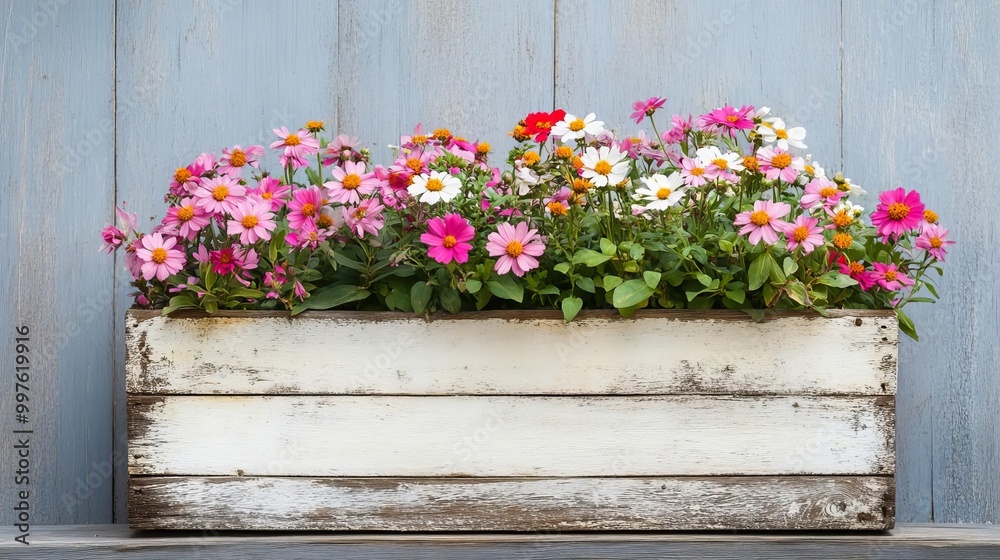 Rustic wooden planter box with peeling paint, overflowing with bright ...