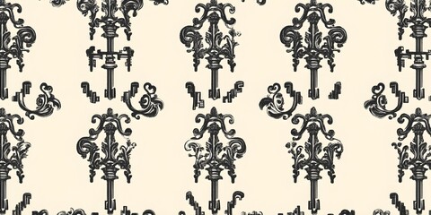 Poster - Black and White Damask Pattern with Ornate Key Designs