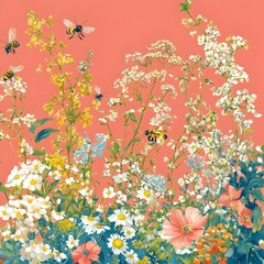 Wall Mural - Bees Pollinating Colorful Flowers