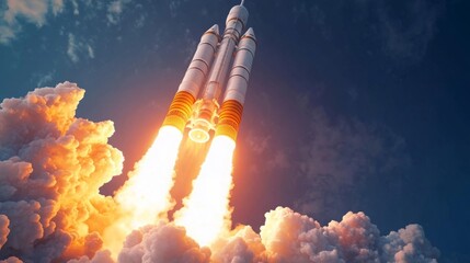 Aufkleber - A powerful rocket ascends into the sky, leaving a trail of smoke and flames behind. Billowing clouds surround the launch, showcasing the force and magnificence of space exploration in broad daylight.