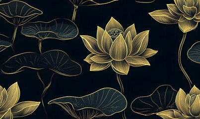 Sticker - Golden Lotus Flower and Leaf Pattern on Black Background