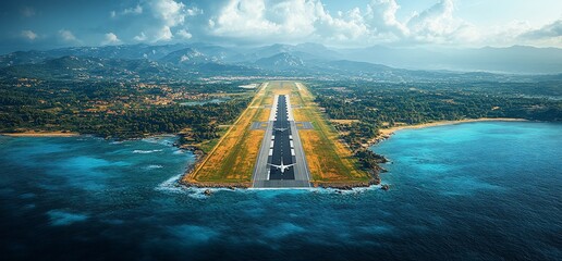 Wall Mural - Aerial view of a runway with a plane on it, surrounded by ocean and mountains.