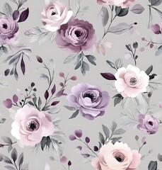 Wall Mural - Watercolor Floral Pattern with Pink and Purple Roses