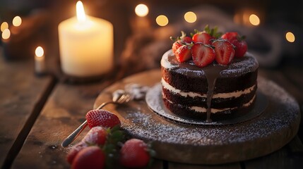 Indulge in a delightful view of a rich chocolate cake topped with fresh strawberries and surrounded by soft candlelight, evoking warmth, comfort, and a sense of sweet celebration.