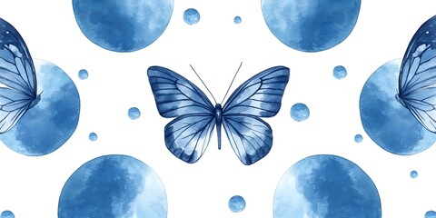 Wall Mural - Watercolor Blue Butterfly and Circles Pattern