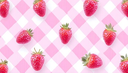 Wall Mural - Strawberries on Pink and White Checkered Background