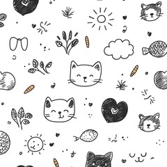 Canvas Print - Hand Drawn Cat and Sun Doodle Seamless Pattern