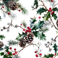 Wall Mural - Watercolor Christmas Holly, Pine Cones, and Berries Seamless Pattern