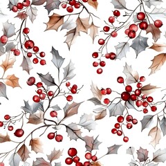 Sticker - Watercolor Seamless Pattern With Red Berries and Green Leaves