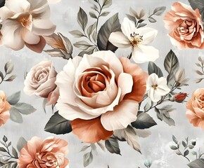 Wall Mural - Watercolor Floral Pattern with Peach Roses and White Flowers