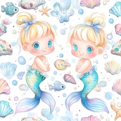 Wall Mural - Cute Mermaid Twins Watercolor Illustration