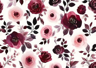 Sticker - Watercolor Floral Seamless Pattern with Burgundy and Pink Roses