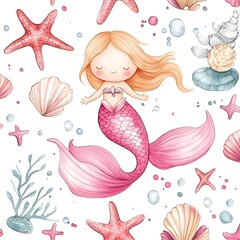 Wall Mural - Cute Watercolor Mermaid Illustration with Sea Shells and Starfish