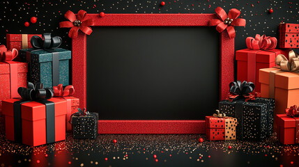 Black friday background with red gift boxes and blank center for text or promotions