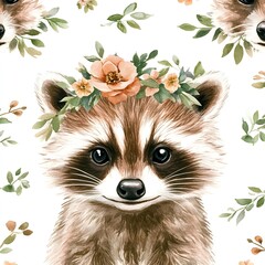 Wall Mural - Watercolor Raccoon with Floral Wreath