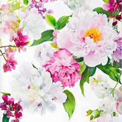 Wall Mural - Watercolor Floral Bouquet with White and Pink Peonies