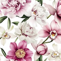 Sticker - Seamless Floral Pattern with Peonies and Orchids