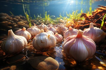 Wall Mural - Realistic garlic head image in colorful background, generative IA