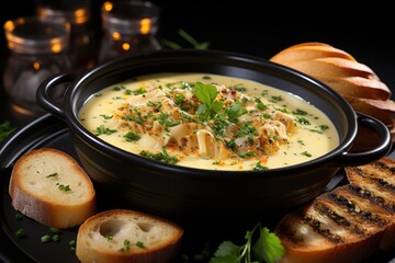 Wall Mural - Garlic soup covered with choutons in black bowl isolated in the white background, generative IA