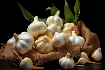 Wall Mural - Garlic bulbs and isolated garlic cloves in the white background, generative IA