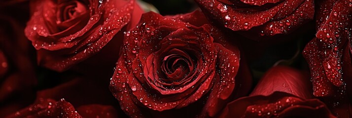 Aufkleber - The bouquet features vibrant red roses adorned with glistening water droplets, highlighting their natural beauty and freshness. Generative AI