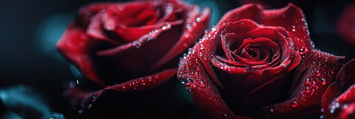 Aufkleber - The bouquet of deep red roses displays glistening water droplets, enhancing their vibrant beauty against a dark background. Generative AI