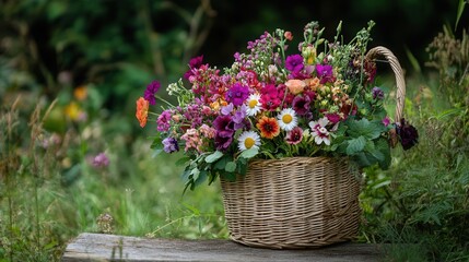 Aufkleber - A lovely assortment of seasonal flowers in vibrant hues fills a wicker basket, set against a serene natural landscape. Generative AI