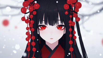 Poster - A charming anime girl with red beads in her hair stands against a soft, cloudy backdrop, showcasing vibrant artistry.