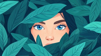 Poster - A young woman captivates with blue eyes from behind a veil of lush leaves in this modern, textured cartoon illustration.