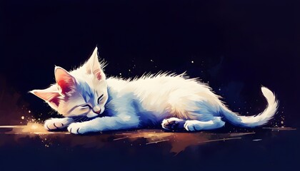 Wall Mural - Tender watercolor portrayal of a small injured white kitten resting under the night sky with a broken leg, evoking compassion and serenity in darkness