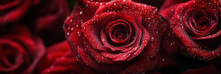 Aufkleber - This close-up captures stunning deep red roses, each adorned with glistening water droplets, showcasing their beauty in soft morning light. Generative AI