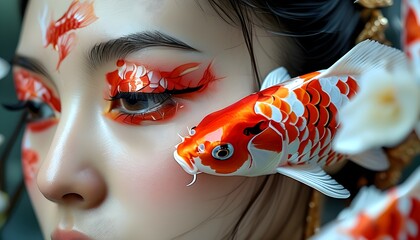 Koi Fish Artistry: A Spring-Inspired Close-Up of a Womans Eye with Intricate Makeup