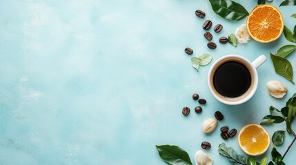 Leinwandbilder - Enjoy a warm cup of coffee surrounded by aromatic elements, ideal for a cheerful morning feeling and a vibrant start to your day. Generative AI