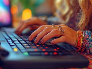 Poster - Closeup of hand women on keyboard a glowing light background