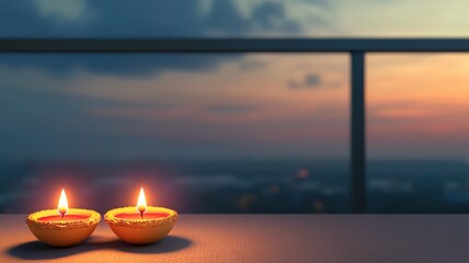 Two lit candles on a table at sunset, creating a serene atmosphere and inviting warmth to any setting.