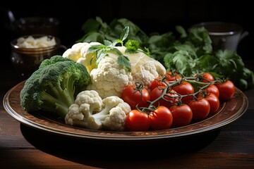 Wall Mural - Front view of broccoli and cauliflower on the plate of tomato oil in dark backgr, generative IA