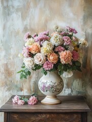 Poster - Beautifully arranged roses and carnations fill a vintage vase, enhancing the elegance of an antique wooden table in a cozy room. Generative AI